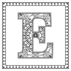 Letter E made of flowers in mehndi style. coloring book page. outline hand-draw vector illustration.