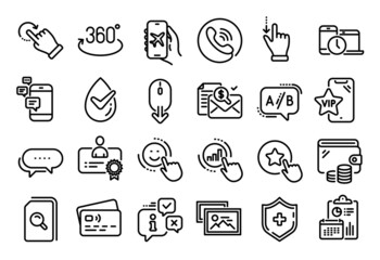 Vector set of Loyalty star, Time management and Dots message line icons set. Calendar report, Money wallet and Credit card tag. Ab testing, Touchscreen gesture and Smile icons. Vector