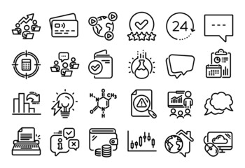 Vector set of Speech bubble, Rating stars and Chat message line icons set. Calendar report, Money wallet and Credit card tag. Presentation, 24 hours and Electricity bulb icons. Vector