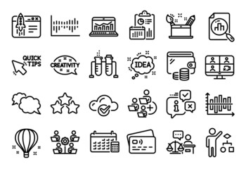 Vector set of Creativity, Algorithm and Messenger line icons set. Calendar report, Money wallet and Credit card tag. Add team, Web analytics and Column diagram icons. Vector
