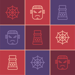 Set line Spider web, Bottle with potion and Frankenstein face icon. Vector