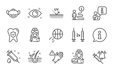 Healthcare icons set. Included icon as Anti-dandruff flakes, Health eye, Medical mask signs. Basketball, Coronavirus vaccine, Use gloves symbols. Nurse, Vaccine announcement, Vaccination. Vector