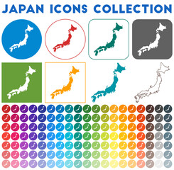 Japan icons collection. Bright colorful trendy map icons. Modern Japan badge with country map. Vector illustration.