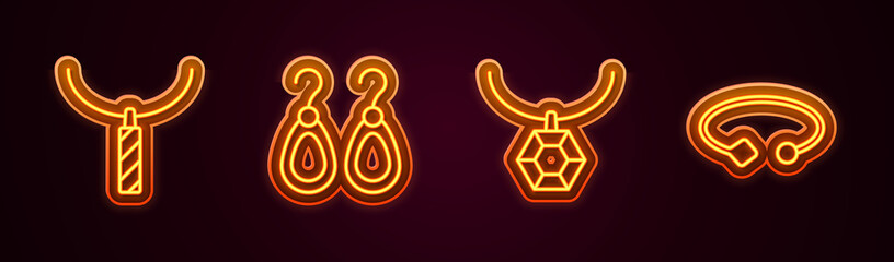Set line Pendant on necklace, Earrings, and Bracelet jewelry. Glowing neon icon. Vector