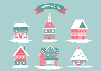 Winter houses collection.Set of decorated buildings for new year and christmas ,snow house,Holiday sticker sheet, Vector illustrations.