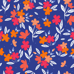 Fototapeta na wymiar Seamless floral pattern on a blue background. Vector graphics.