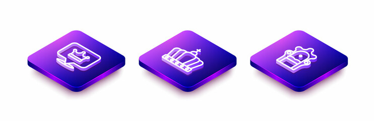 Set Isometric line King crown, and Medieval throne icon. Vector