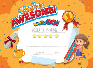 Cute motivational cartoon certificate for children