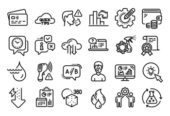 Vector set of Cloud sync, Online help and Hydroelectricity line icons set. Calendar report, Money wallet and Credit card tag. Chemistry experiment, Settings gear and Energy icons. Vector