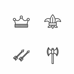 Set line Medieval poleaxe, arrows, King crown and Fleur de lys or lily flower icon. Vector