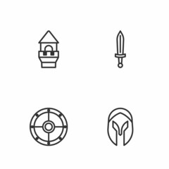 Set line Medieval helmet, Round shield, Castle tower and sword icon. Vector
