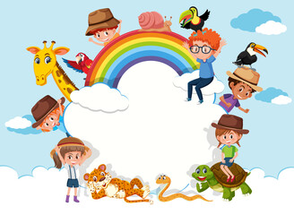 Empty cloud banner with kids and zoo animals on sky background