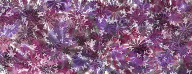 Purple flowers of different sizes are stacked on top of each other. Small butterflies are sitting on the flowers. Abstract floral background. 3d rendering. 3d illustration.