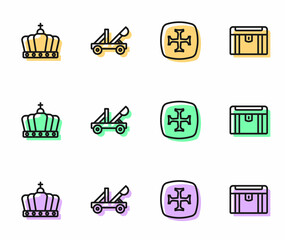 Set line Crusade, King crown, Medieval catapult and Antique treasure chest icon. Vector