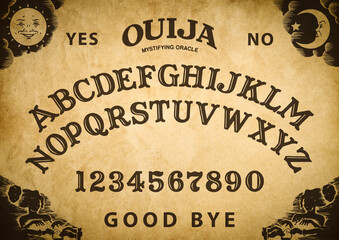 Fototapeta na wymiar Spooky planchette of Ouija Board on vintage texture. Poster with game of ghosts. Halloween play with calling souls and demons. Party poster. Graphic, typography, alphabet, letters, numbers.