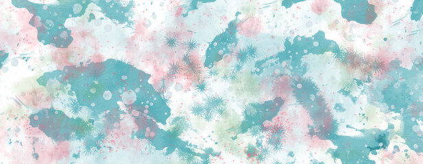 Delicate light abstract background with turquoise and pink watercolor spots, streaks and splashes. Fluffy specks enliven the background. Imitation of watercolor painting. 3d rendering. 3d illustration