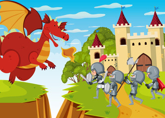 Knights fight with dragon at the castle