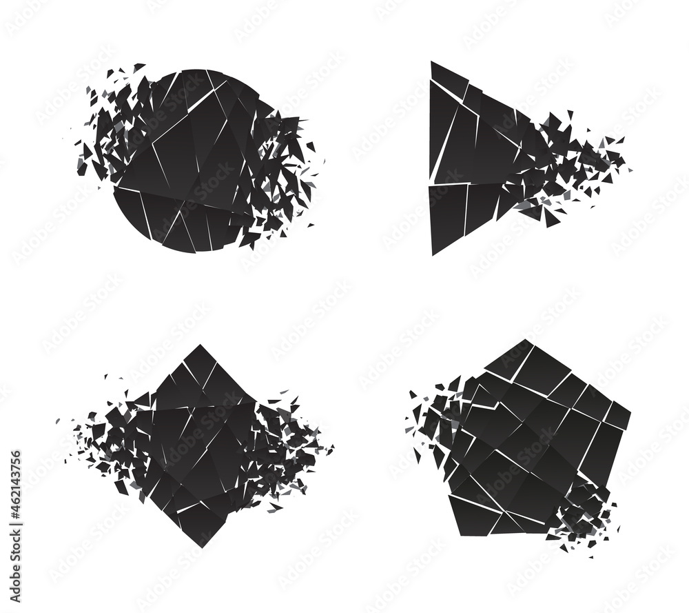 Poster shape explosion broken shattered flat style design vector illustration set isolated on white backgro