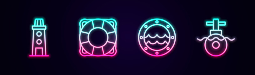 Set line Lighthouse, Lifebuoy, Ship porthole and Submarine. Glowing neon icon. Vector