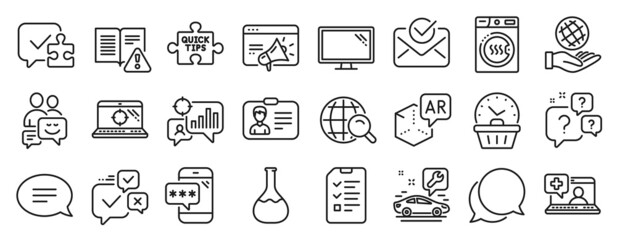 Fototapeta na wymiar Set of Technology icons, such as Communication, Dryer machine, Approved mail icons. Interview, Instruction manual, Augmented reality signs. Car service, Chat message, Seo laptop. Monitor. Vector