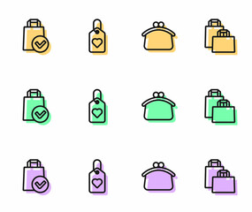 Set line Wallet, Paper shopping bag, Heart tag and icon. Vector