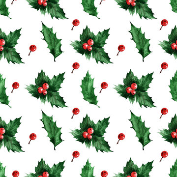 Watercolor seamless pattern with holly plant