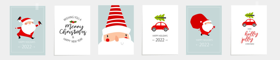 Vector set of christmas illustrations. Santa Claus with presents, holiday is approaching, red car is carrying a Christmas tree, typographic posters, postcards. Merry Christmas and Happy New Year.
