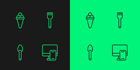 Set line Online ordering food, Spoon, Ice cream waffle and Fork icon. Vector