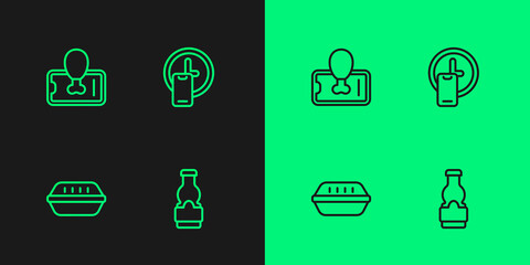 Set line Sauce bottle, Lunch box, Food ordering on mobile and Round the clock delivery icon. Vector