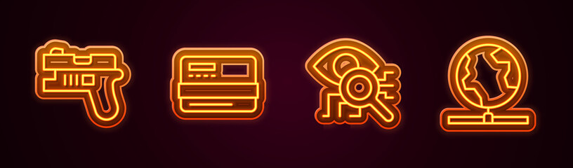Set line Futuristic weapon, Credit card, Eye scan and Global technology. Glowing neon icon. Vector