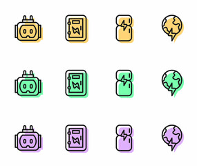 Set line Refrigerator, Tee plug electric, Electrical panel and Global planet with thunderbolt icon. Vector