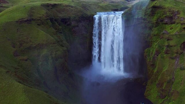 Extreme Cascading Falls At Skogafoss Waterfall, Skogar, Sudhurland, Iceland. Aerial