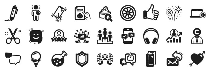 Set of Business icons, such as Teamwork, Human rating, Chemistry lab icons. Fireworks, Business podium, Notebook service signs. Ice cream, Scissors, Fan engine. Phone survey, Friend, Love. Vector