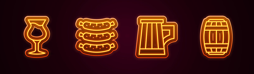 Set line Glass of beer, Sausage, Wooden mug and barrel. Glowing neon icon. Vector