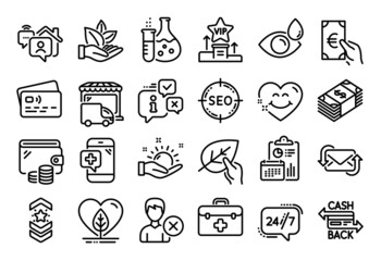 Vector set of Work home, Local grown and Shoulder strap line icons set. Calendar report, Money wallet and Credit card tag. Eye drops, Cashback card and Remove account icons. Vector