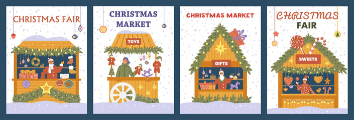 Vector set of Christmas market posters with gift shops, decorations, toys and sweets.
