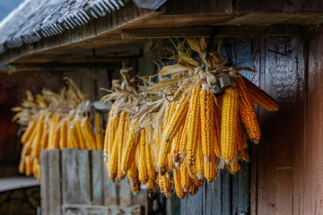 Corn is dried under the roof of an old barn