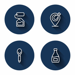 Set line Tea bag, Chicken leg, Spoon and Sauce bottle with long shadow. Blue circle button. Vector