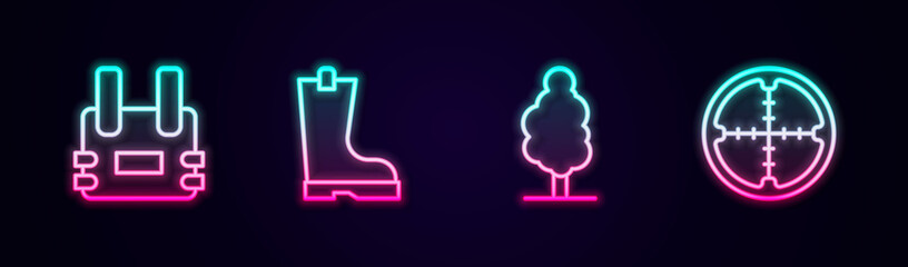 Set line Bulletproof vest, Waterproof rubber boot, Tree and Sniper optical sight. Glowing neon icon. Vector