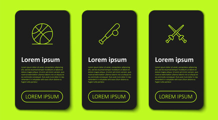 Set line Basketball ball, Baseball bat with and Fencing. Business infographic template. Vector