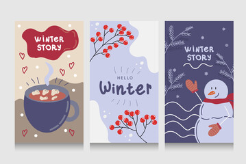 Colorful winter banners with falling snowflakes, snowy trees. Set of abstract winter backgrounds for social media stories. Use for event invitation, discount voucher, ad. Vector eps 10