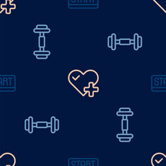 Set line Ribbon in finishing line, Dumbbell and Heart rate on seamless pattern. Vector