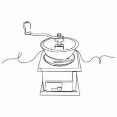 Continuous one line drawing of a coffee grinder in silhouette on a white background. Linear stylized.