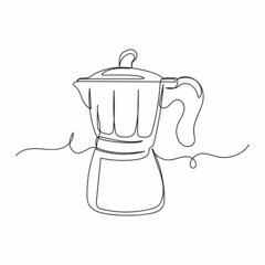 Continuous one line drawing of a geyser coffee maker in silhouette on a white background. Linear stylized.