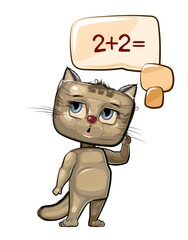 Cute Kitten baby is trying to count. Studying numbers and counting. Funny animal kid. Mathematics illustration for children. Isolated over white background. Vector