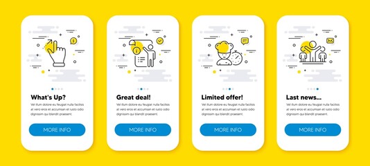 Vector set of Manual doc, Chef and Touchscreen gesture line icons set. UI phone app screens with line icons. Winner icon. Project info, Food time, Swipe. Best results. Phone UI banners. Vector