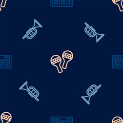 Fototapeta premium Set line Music synthesizer, Trumpet and Maracas on seamless pattern. Vector