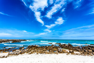 Fototapeta na wymiar View at the Indian Ocean from the Southernmost Tip of Africa, Cape Agulhas, South Africa