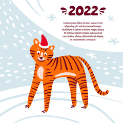 Vector colorful poster with cartoon standing  tiger on snow. Background on the theme of Happy New Year, Merry Christmas, winter