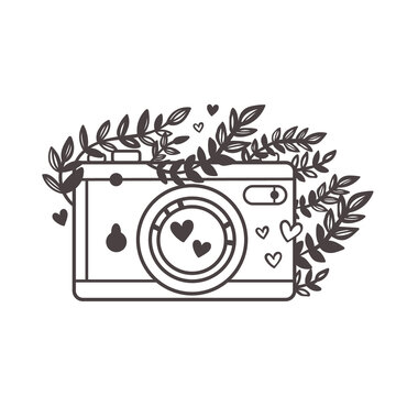 Outline with retro camera. Vector illustration. Photo camera with flowers. Camera with floral and hearts.
